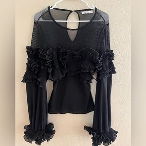 Black, sheer, nylon apparel ruffled blouse.